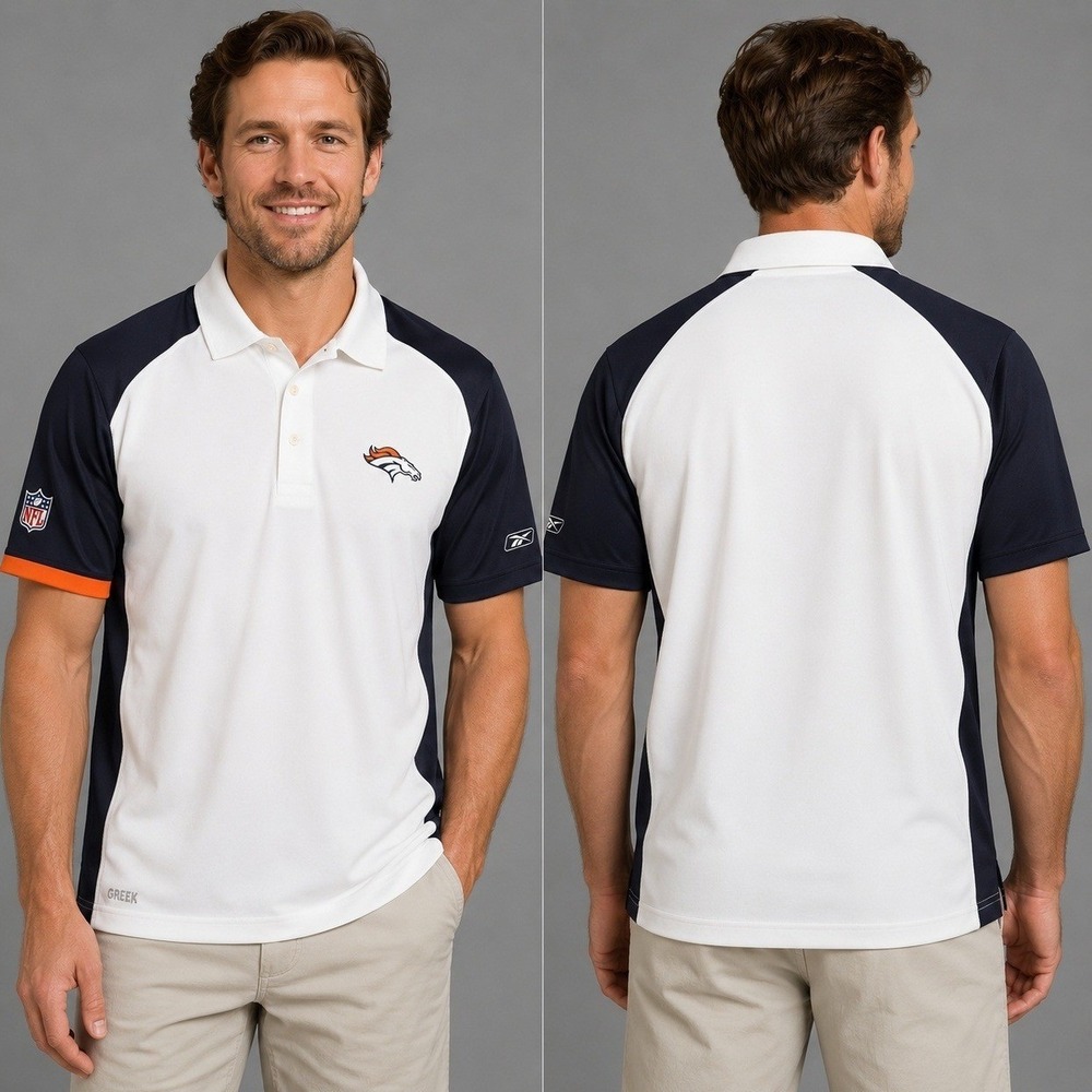 Reebok Denver Broncos NFL Shirt Mens XL PlayDry Polo White Navy Blue Raglan